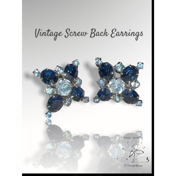 Vintage Silver Tone Blue Rhinestone Screw Back Earrings - Picture 1 of 8